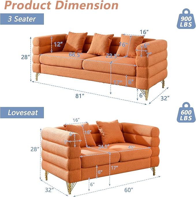 mikibama Luxury Teddy Sofa Set for Living Room, Modern Decor Furniture Sectional Sofa, 3 Seater Couch and Loveseat with 5 Pillows for Apartment, Office, Hall (Orange)