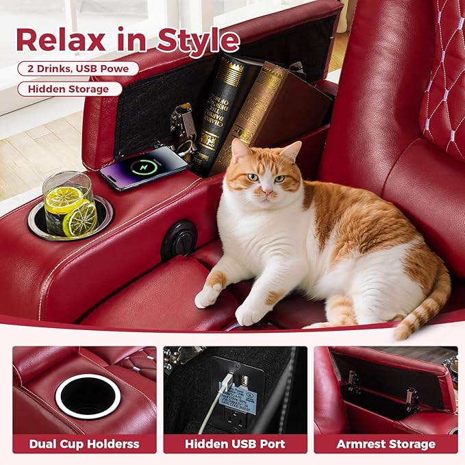 ANJ Power Recliner Chair with USB Ports and Cup Holders - Overstuffed Electric Home Theater Seating PU Leather Reclining Furniture with Hidden Arm Storage, Easy to Clean (Set of 2, Red)
