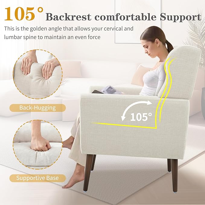 QKFF Modern Accent Chair, Upholstered Armchair with Pillow, Fabric Single Sofa Chair with Lounge Seat and Wood Legs Accent Chair for Living Room Bedroom Small Spaces (Beige, Set of 2)