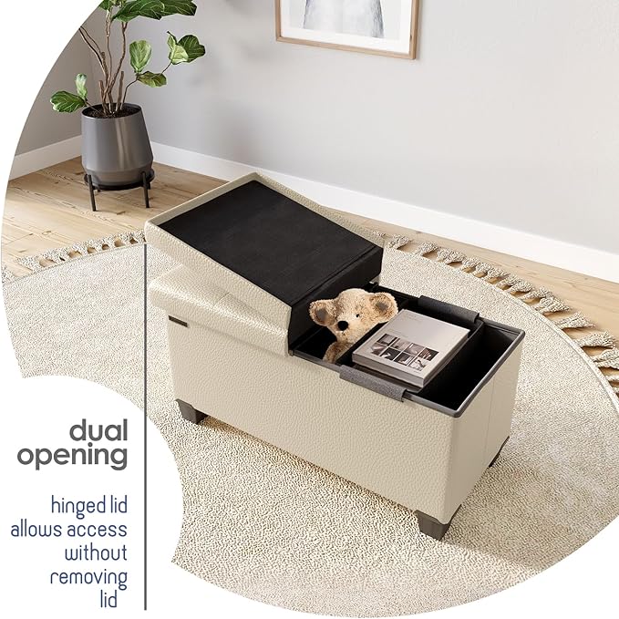 Storage Ottoman Bench with Bins, 30-in Storage Bench for Bedroom End of Bed, Folding Foot Rest Ottoman for Living Room Max 660lbs, Faux Leather Ottomans, Beige
