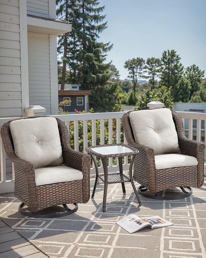 ACTREST Patio Chairs Outdoor Swivel Glider - Set of 2 High Back Outside Brown Wicker Rattan Rocking Chair with Thick Cushion for Porch Apartment Deck Yard Poolside Garden - Beige