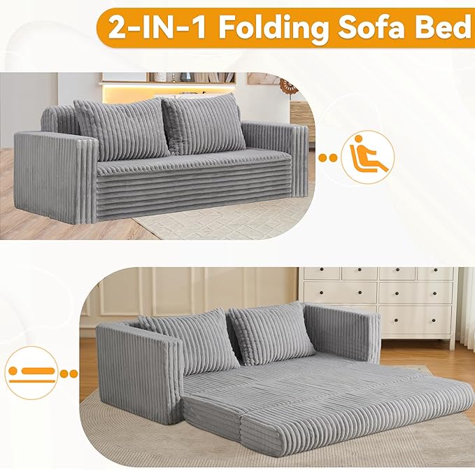 HABUTWAY Folding Sofa Bed, 2 in 1 Convertible Sleeper Chair with 2 Pillows, Portable Fold Out Chair Bed with Armrest, Comfy Floor Couch, Lazy Sofa for Living Room Bedroom Dorm Home Office, Light Grey