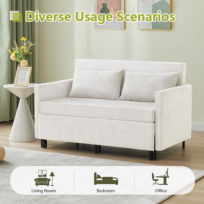 QHITTY Pull Out Couch Bed, 2-in-1 Sleeper Sofa Small Loveseat Bed with Hidden Side Table and Iron Frame for Living Room, Small Space, Apartment (White)