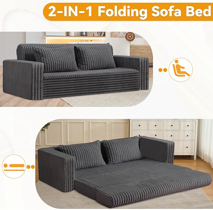 HABUTWAY Folding Sofa Bed, 2 in 1 Convertible Sleeper Chair with 2 Pillows, Portable Fold Out Chair Bed with Armrest, Comfy Floor Couch, Lazy Sofa for Living Room Bedroom Dorm Home Office, Grey