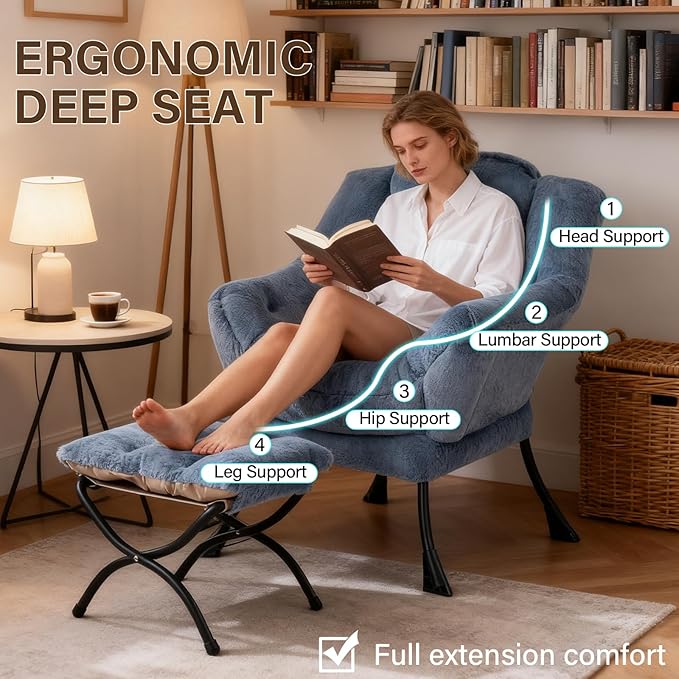Welnow Lazy Chair with Ottoman, Modern Lounge Accent Chair with Armrests and a Side Pocket, Leisure Sofa Armchair Set, Reading Armchair with Footrest for Small Space, Plush Light Blue