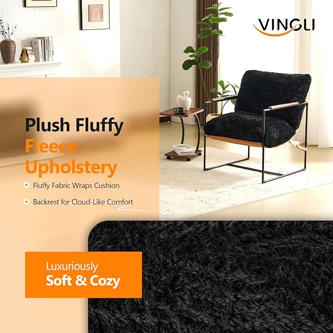 VINGLI 28" Wide Plush Upholstery Sling Modern Accent Chair with Metal Frame, Cute Reading Armchair with Removable Seat Cushion & Tan Microfiber Seat Base, Lazy Chair for Bedroom & Lounge,Black