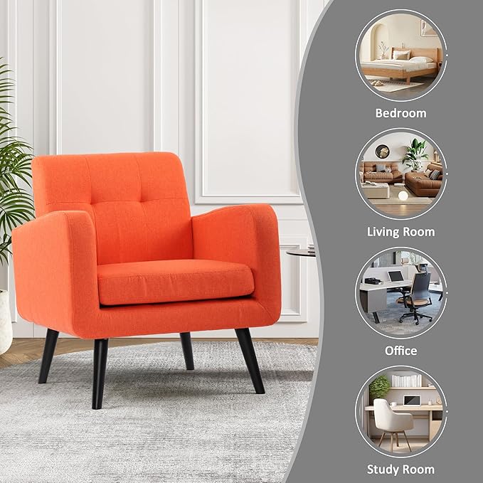LSSPAID Accent Chairs Set of 2, Modern Orange Linen Fabric Living Room Chairs, Comfy Upholstered Armchairs Single Sofa Chair with Solid Wood Legs for Apartment, Reading, Office