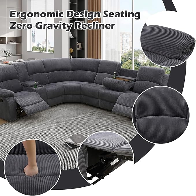 SIENWIEY Manual Recliner Sectional Sofa for Living Room,L Shaped Reclining Sectional Corner Couch,Gray Corduroy Recliner Sofa Set with Storage Console/Drop Down Coffee Table/Cup Holders