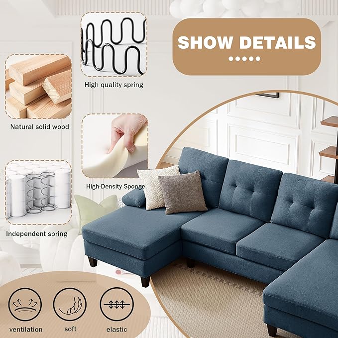 Chireca 111" Sectional Couch for Living Room, Modern Polyester Fibre U Shaped Sofa Couches with Double Chaise, Upholstered 4 Seater Sofa for Living Room, Apartment, Office, Blue