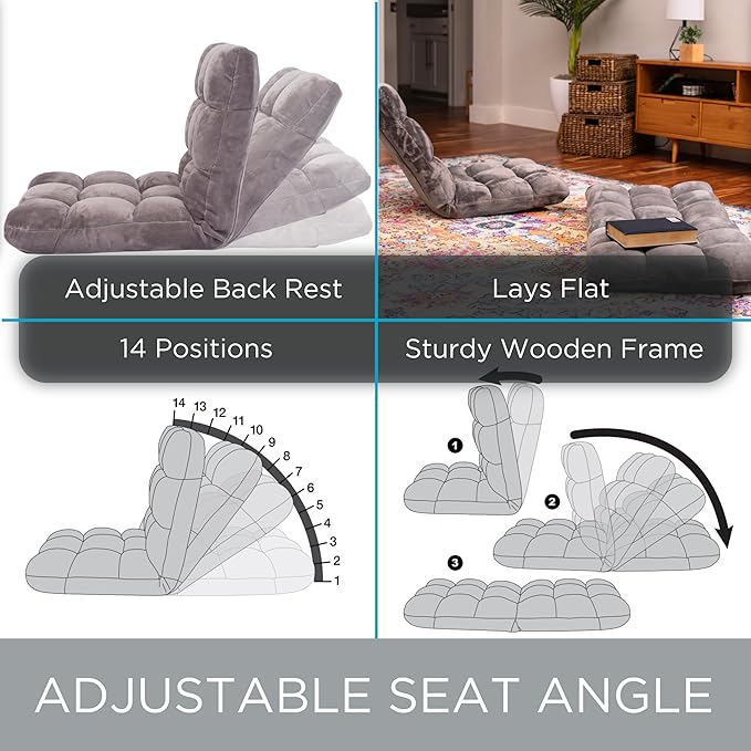 BIRDROCK HOME Adjustable Memory Foam Floor Chair - Ideal for Gaming, Reading, Meditation - Comfortable and Versatile - Suitable for Kids and Teenagers - Comfy Foldable Floor Seat - Grey