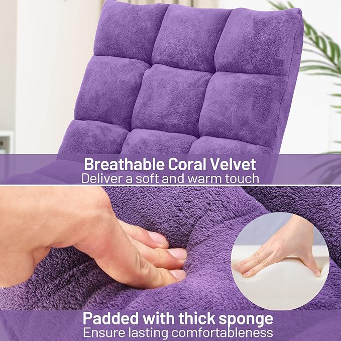 Floor Chair with Back Support, Foldling Gaming Sofa Chair with Comfy Cushion, Adjustable 14-Position Meditation Chairs, Lazy Lounge Recliner Reading Seat for Adults, Kids (Purple)