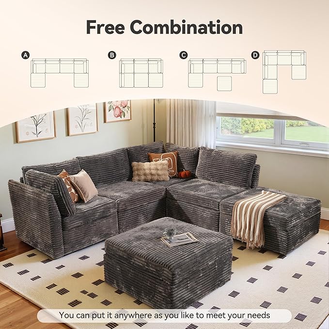 CAODOC Large 6 Seat Modular Sectional Sofa with Ottoman Seat Corduroy Sleeper Sectional Sofa Bed Oversized Convertible Modular Couch for Living Room