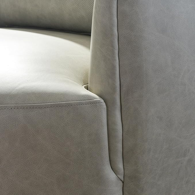 KINWELL 33'' W 100% Top Grain Genuine Leather Swivel Barrel Armchair No Assembly Round Upholstered Leather Swivel Accent Chairs with Toss Pillow for Living Room Office Lounge, Light Gray