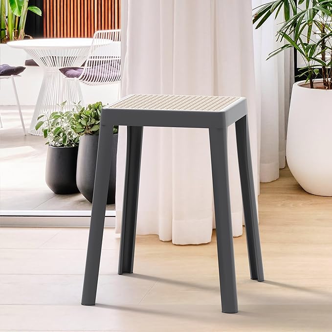 LeisureMod Stackable Square Plastic Dining Stool - Mid-Century Modern Backless Accent Stool with Wicker Top for Kitchen & Dining Room, Grey