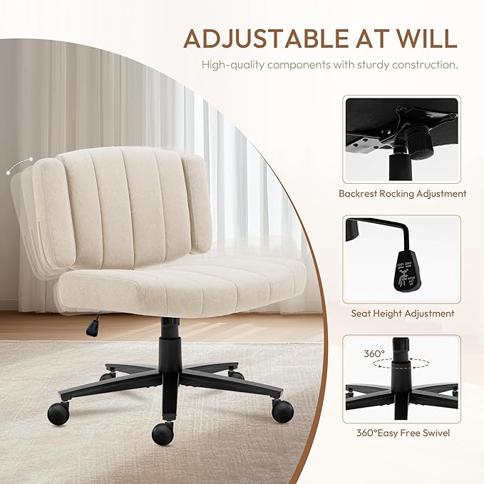 Vigosit White Criss Cross Office Chair with Wheels, Ergonomic Wide Seat Vanity & Dressing Table Chair, Adjustable Arms Swivel Rolling Desk Chair for Women, Comfortable Cross-Legged Support
