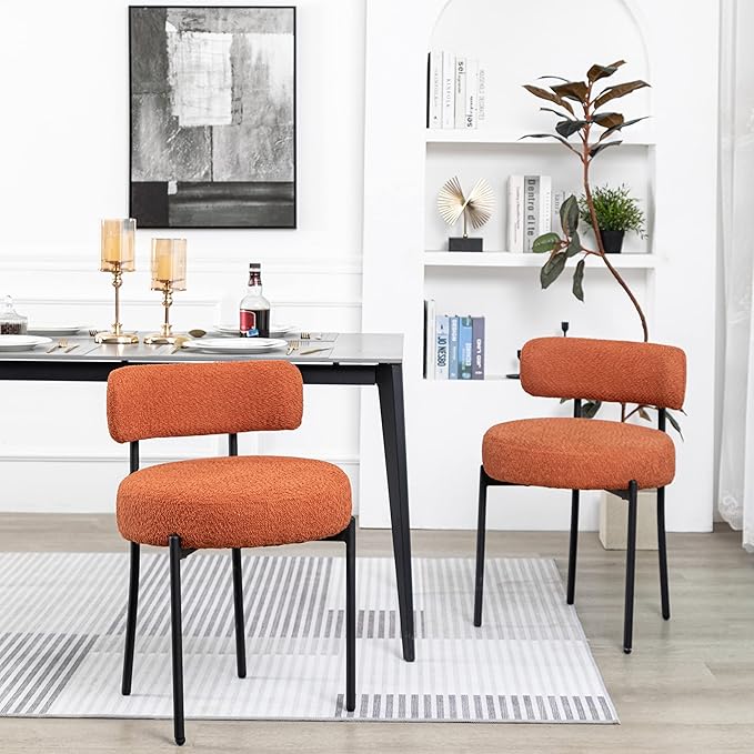 DYHOME Mid-Century Modern Dining Chairs Set of 2, Boucle Dining Chairs Upholstered with Black Metal Legs, Curved Backrest Kitchen Dining Room Chairs, Orange