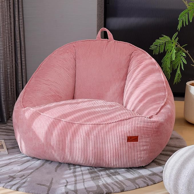 Giant Bean Bag Chair for Adults, Teens and Kids, Cozy Fluffy Corduroy Beanbag Chair with Filler, Large Floor Lounge Sofa for Living Room, Bedroom, Dorm, Gaming and Reading(L-Pink)
