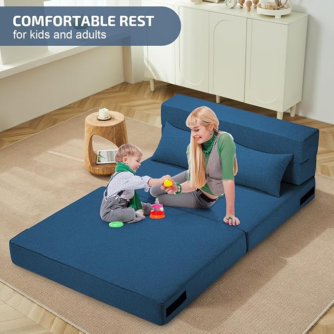 Folding Sofa Bed with Pillow- Convertible Chair Floor Couch & Sleeping Mattress, Foldable Memory Foam Sleeper for Living Room/Dorm/Guest Room/Home Office/Apartment/Loft,Twin,Navy Blue