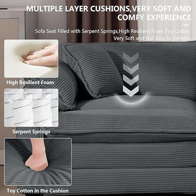 Aoowow Corduroy 4 Seater Sofa Couch,Modern Large Cloud Couches for Living Room,Tufted Modular Sectional Cloud Sofas with Deep Seat,Oversized 4 Seat Sofa Set (Grey, 4 Seater)