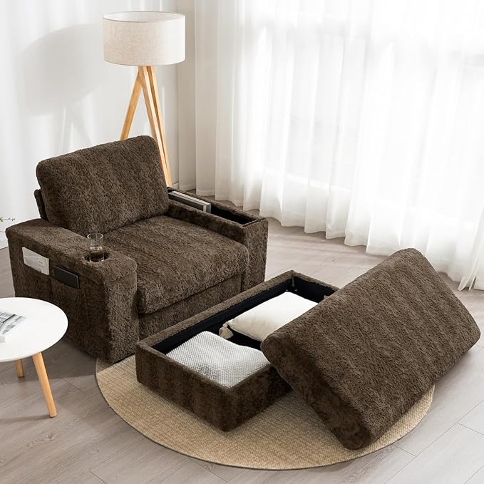 Merax Oversized Sleeper Chair with Storage Armrest & Ottoman, Cup Holders, Cloud Upholstered Chaise Lounge Recliner, Deep Seat Reading Couch Sofa Bed for Living Room Bedroom, Antique Brown