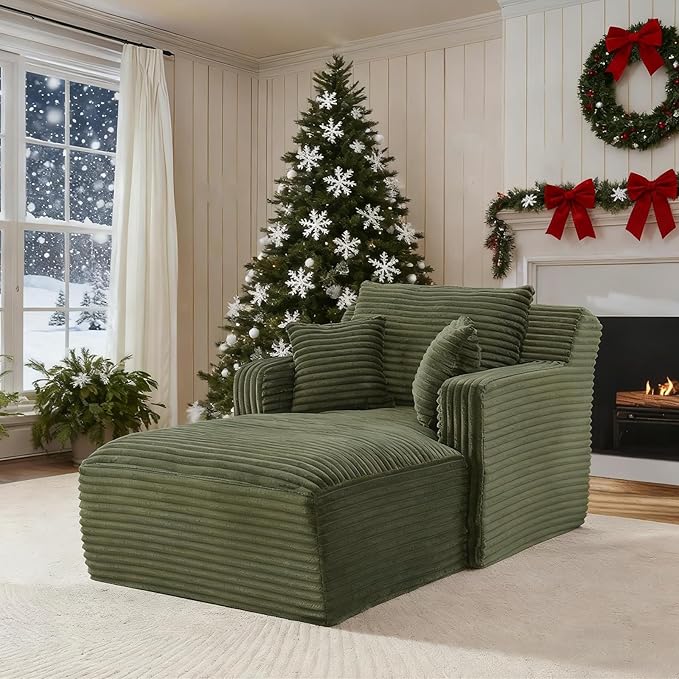 VEPXXP 65.4" Chaise Lounge Chair Indoor, Oversized Boneless Couch Comfy Upholstered Sleeper Sofa Bed with 3 Pillows, Corduroy Cloud Reading Chair for Living Room No Assembly Required, Green