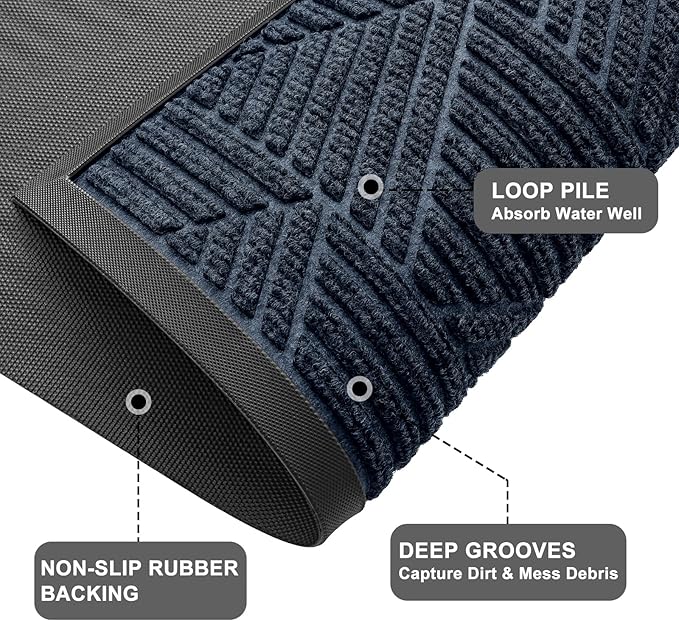 Kitinjoy Front Door Mat Outside Entrance, Sturdy Natural Dirt Trapper, Heavy Duty Rubber Doormat, Low Profile Non-Slip Backing, Easy Clean Floor Mat for Indoor Outdoor Entry, 47X23 Inch, Navy Blue