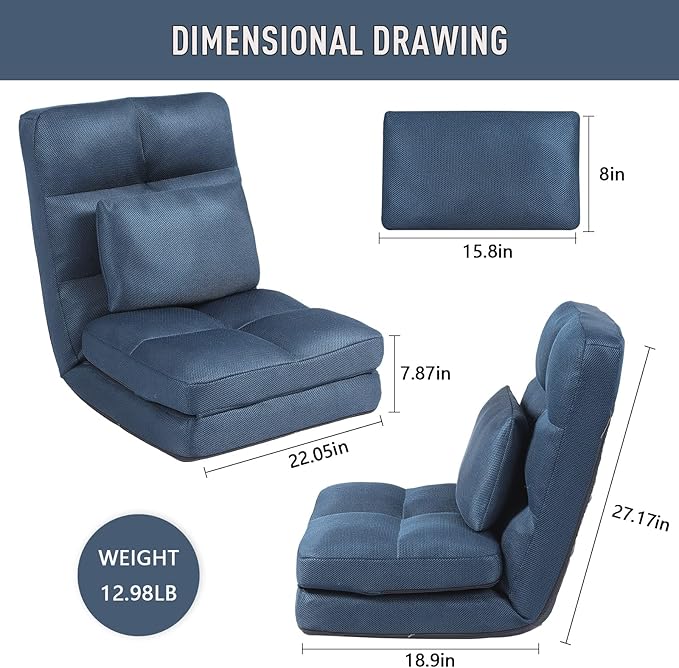 Indoor Chaise Lounge Sofa, Floor Chair with Back Support for Adults, 14 Angle Adjustment Recliner Chair, Folding Floor Lounger with Pillow 8823(Blue-2)