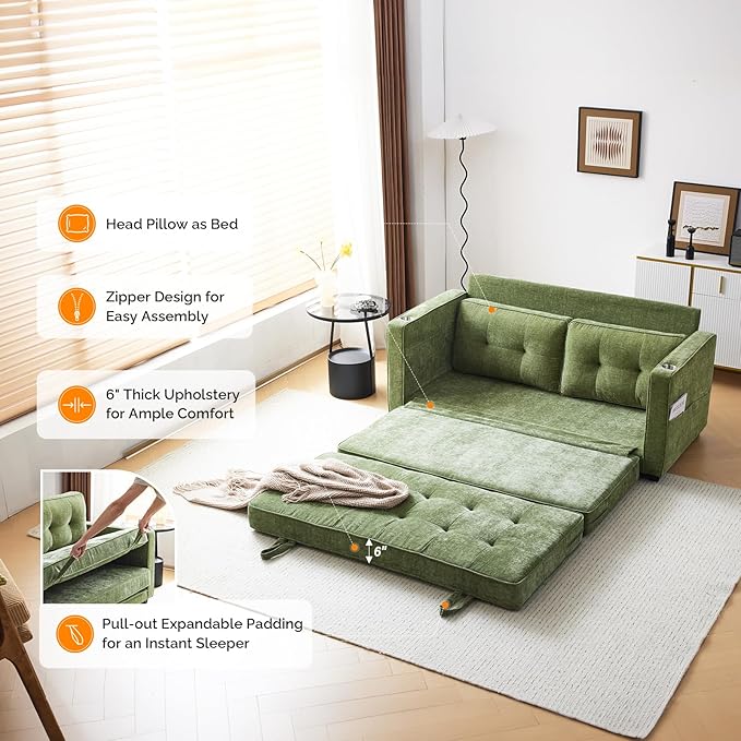 VINGLI Sofa Bed Full Size Pull Out Couch Bed Olive Green Futon Couch 64" W 84" L Loveseat Sleeper Floor Couches for Living Room Convertible Loveseat Sofa Foldable Sofa Bed