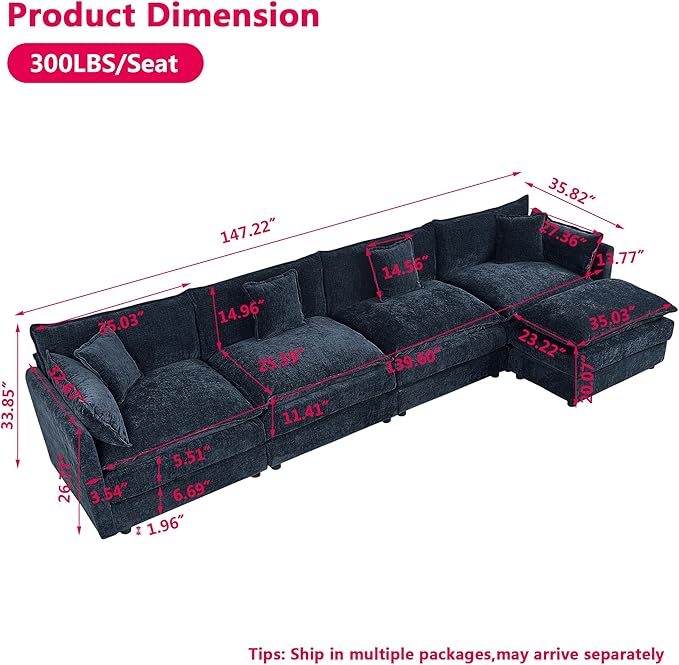 Aoowow Modular Sectional Sofa Modern Convertible L Shaped Couch,147.2 Inch Deep 4-Seater Sofas Set Comfy Chenille Cloud Sofas and Couches with Movable Ottoman for Living Room Apartment（Blue）