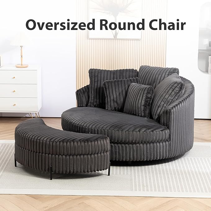 Chifee & Vingol 59.8" W Oversized Accent Round Chair Large Barrel Chair with Ottoman & Movable Wheels & 5 Pillows, Faux Fur Fabric - Charcoal