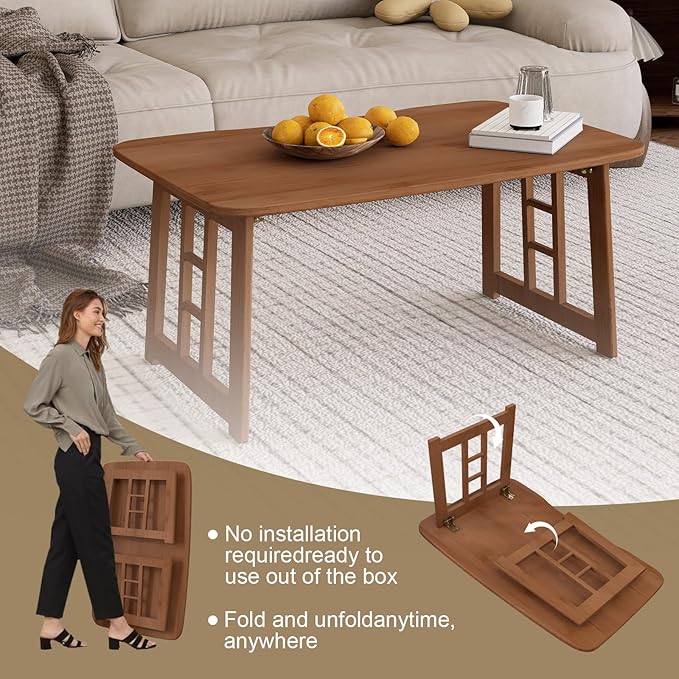 Japanese Bamboo Folding Floor Table for Sitting on Floor, Tatami Table Foldable, No Assembly, Low Tables for Small Spaces Living Room/Portable Zen Chabudai for Meditation - Walnut