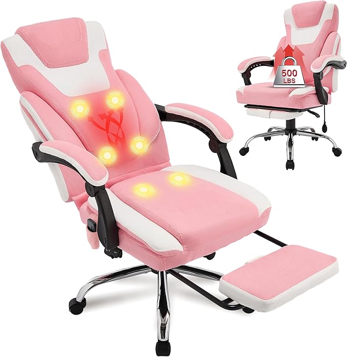 Massage Office Chair with Footrest,6-Point Vibration and Heat Executive Office Chairs,Ergonomic Desk Chair for Heavy People,500LBS Big and Tall Fabric Office Chair,Reclining Managerial Chair,Pinkwhite