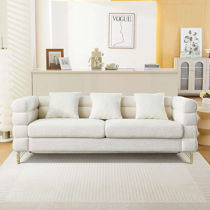 mikibama Luxury Teddy Sofa Set for Living Room, Modern Decor Furniture Sectional Sofa, 3 Seater Couch and Loveseat with 5 Pillows for Apartment, Office, Hall (White)