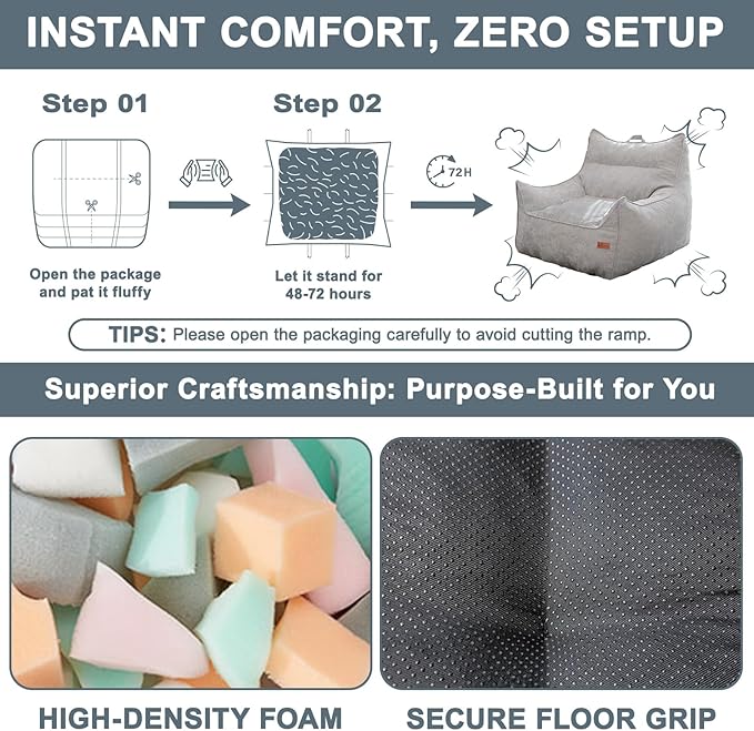Giant Bean Bag Chair, Beanbag Chairs for Adults, Teens & Kids, Comfy Sofa Chair with Handle & Filling for Living Room, Reading & Gaming, Non-Slip(Light Grey-XL)