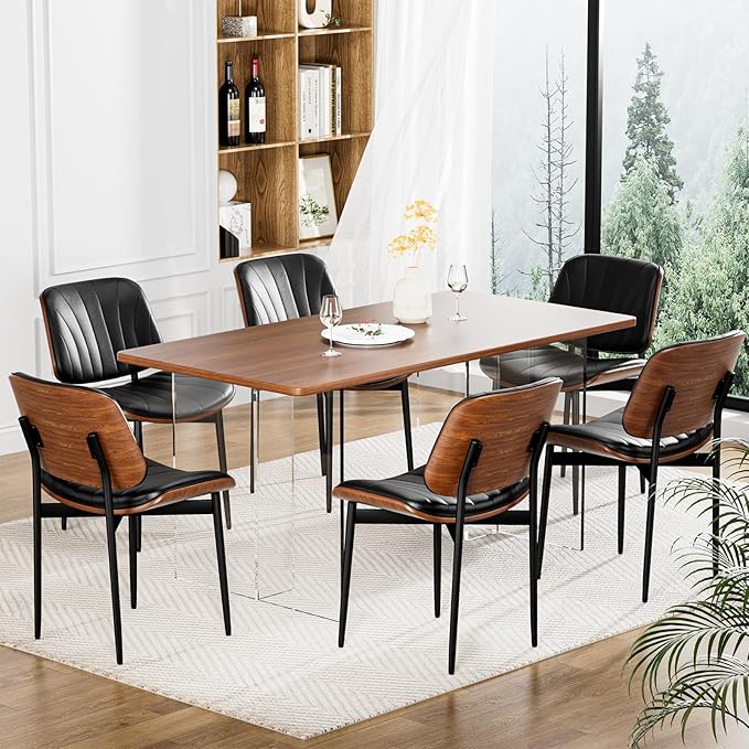 YaFiti Dining Chairs Set of 6, Dining Room and Kitchen Chairs, FSC Certified Mid Century Modern Accent Chair, Upholstered PU Leather Chairs for Vanity with Walnut Bentwood and Metal Legs, Black