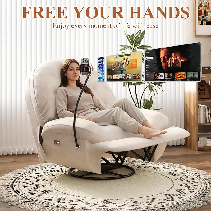 Power Recliner Chair - Reclining Sofa with USB Charging 270° Rocking 330 lbs Capacity Snow Velvet Fabric Rocker Recliner for Adults & Elderly Glider Rocking Chair for Living Room and Bedroom