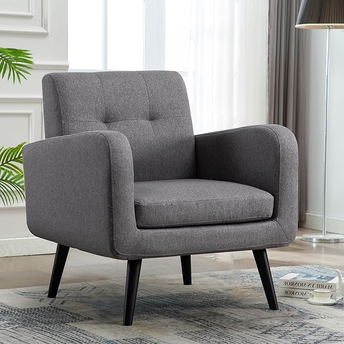LSSPAID Modern Accent Chairs, Upholstered Fabric Cozy Armchairs, Living Room Side Chair with Solid Wood Legs, Gray