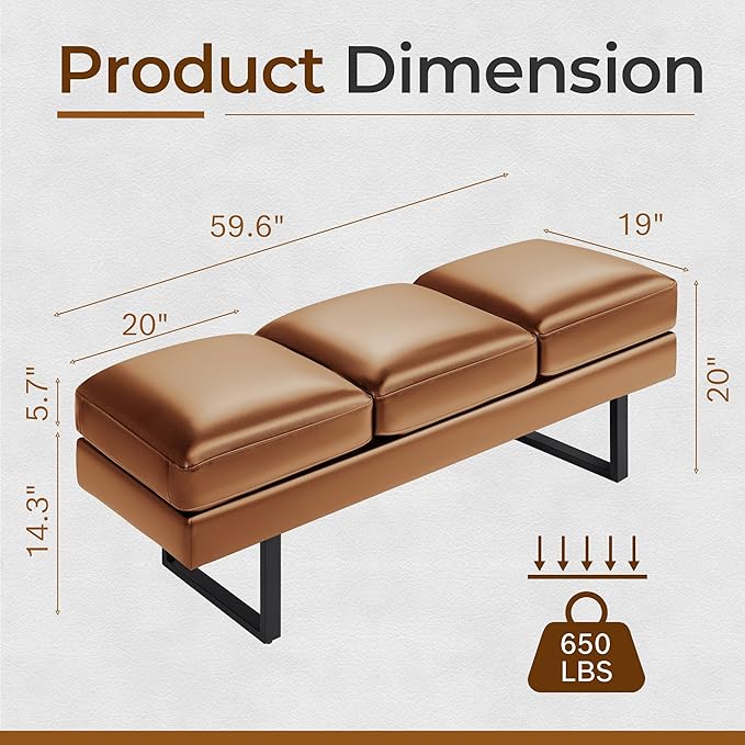 JUMMICO Office Chair Seating Waiting Room Chair, 59.6 inches Upholered Reception Bench 3 Seat Faux Leather Office Guest Chair Conference Room Chair for Salon and Shop (Brown)