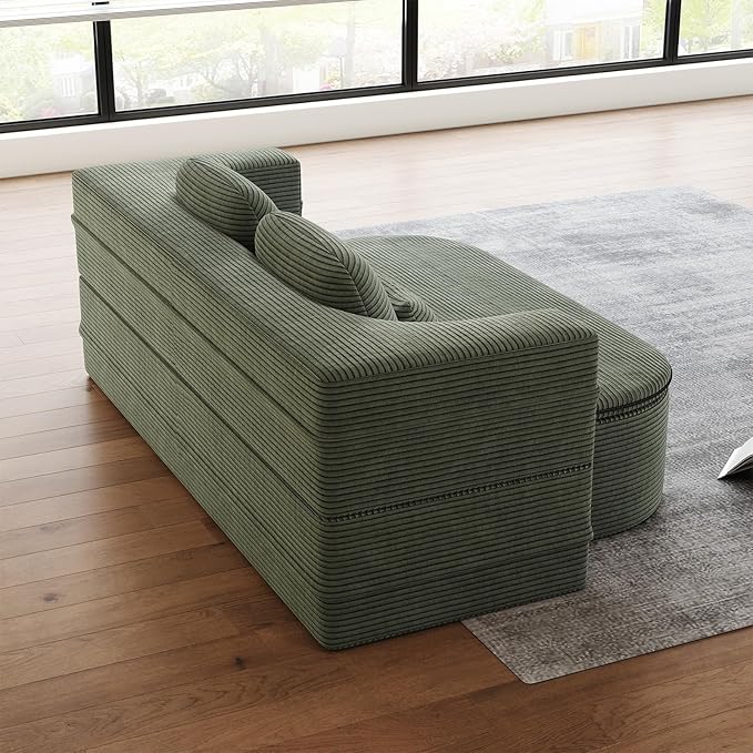 Antetek Convertible Sleeper Sofa, Modern Folding Futon Corduroy Floor Foam Compression Loveseat Sofa Bed Couch, Foldable Full Size Guest Bed with 4 Pillows for Living Room Bedroom Apartment, Green