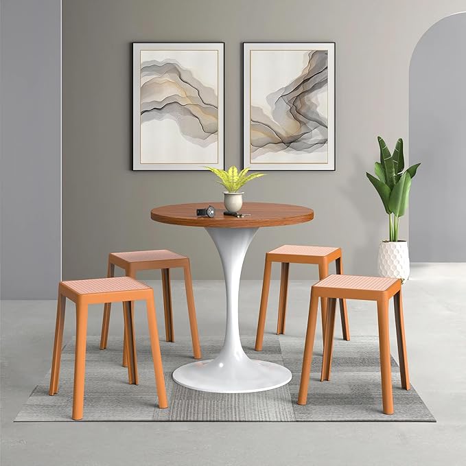 LeisureMod Tresse Mid-Century Modern Square Plastic Dining Stool Set of 2, Stackable Accent Stools with Breathable Seat, Lightweight Seating for Kitchen, Dining Room, Bedroom, or Entryway (Yellow)