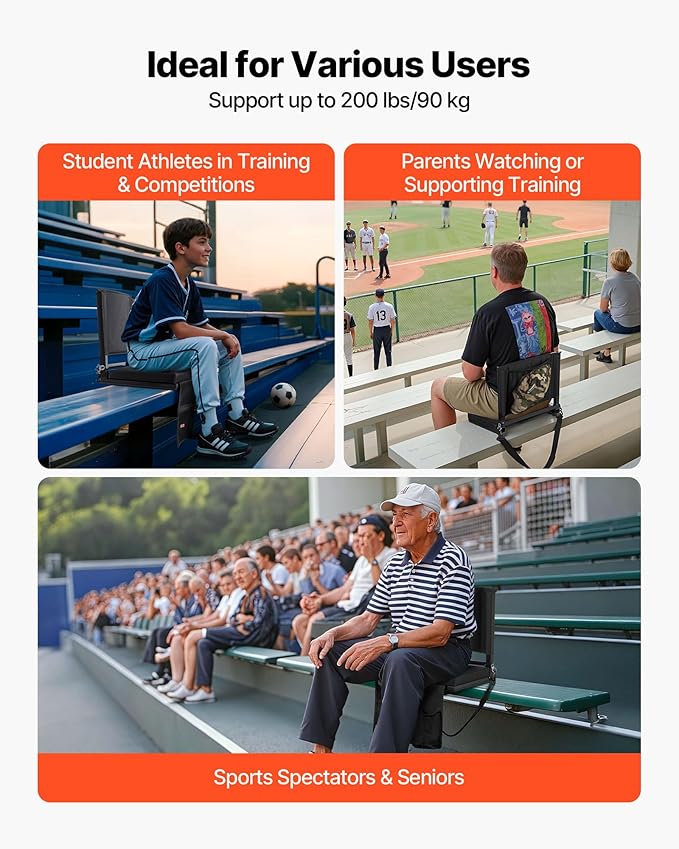 VEVOR Stadium Seat, Folding Bleacher Seat with Back Support and Thick Cushion, Padded Stadium Seats for Bleacher Includes Shoulder Strap, Hooks, Cup Holder, and Side Pocket, Black Bleachers Chair