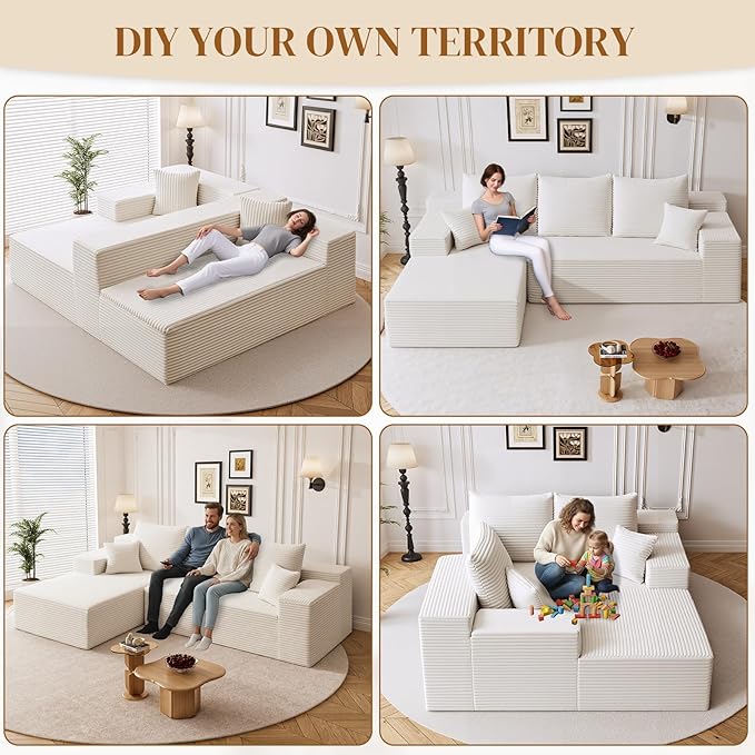 108" Boneless Cloud Sectional Couches for Living Room, Comfy Fluffy L Shaped Memory Foam Deep Seat Boneless Couch, Modular Sectional Sofa with Left Facing Chaise, White