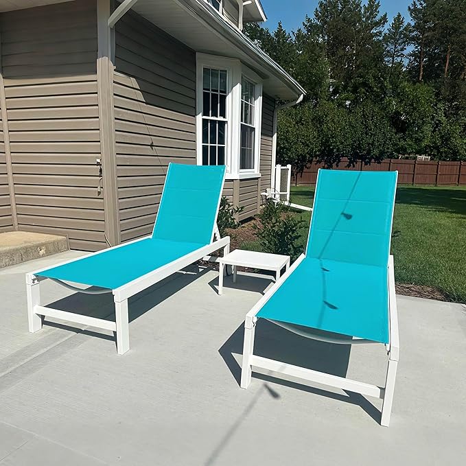 PURPLE LEAF Outdoor Chaise Lounge Set Elderly-Friendly Straight Legs Adjustable Sunbathing Recliner with Side Table for Back Support Poolside Beach Patio Lounge Chairs Blue 2 Sets