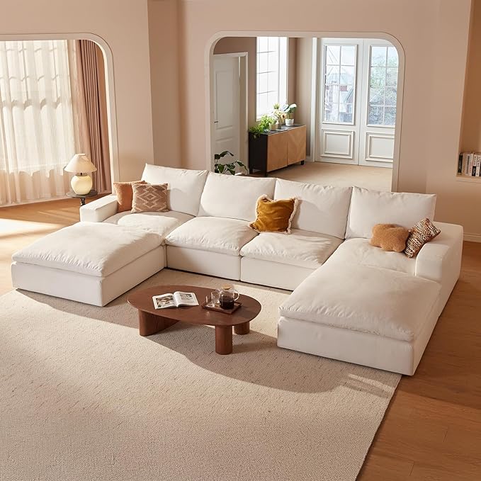 Vorthio Cloud Couch Sectional Oversized Modular Sofa with 35'' Deep Seat Boneless Couch U-Shape Comfy Sofa Stain-Resistant White Sectional Couches for Living Room Apartment 4 Seater with 2 Ottoman