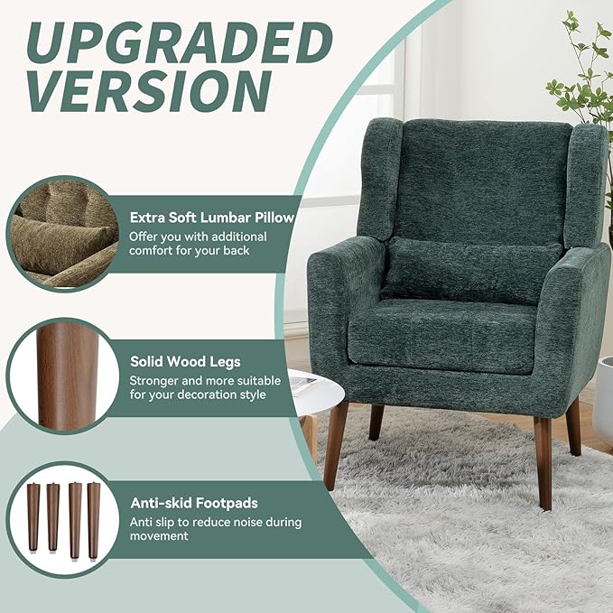 QKFF Modern Accent Chair, Upholstered Armchair with Pillow, Fabric Single Sofa Chair with Lounge Seat and Wood Legs Accent Chair for Living Room Bedroom Small Spaces (Blackish Green, Set of 2)