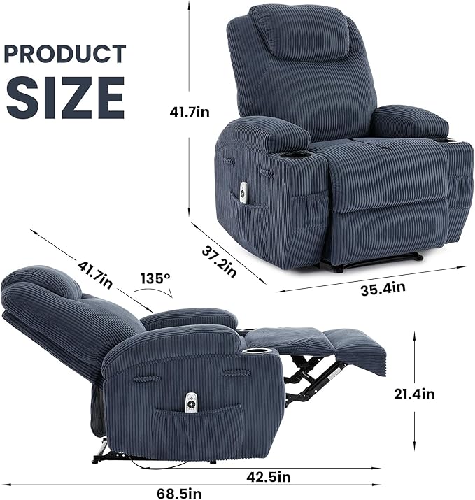 Massage Recliner Chair with Heat - Ultra-Comfortable Reclining (135° Adjustable), Dual Cup Holders & Side Storage Pockets, Easy Tool Assembly, Dark Green