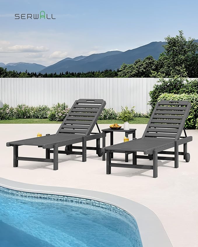 SERWALL Pool Lounge Chairs Set of 2, 78" Long HDPE Outdoor Chaise Lounge with Cup Holder, 5 Positions Adjustable Patio Lounge Chair with Rolling Wheels for Poolside, Deck, Sunbathing, Grey
