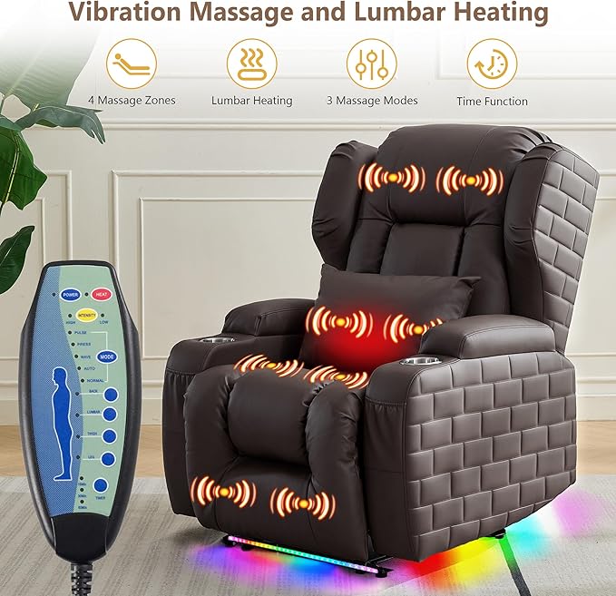 Wall Hugger Power Recliner Chair with Heat and Massage, Overstuffed Reclining Sofa Chair for Living Room Home Theater RV with 3-Side LED Lights/Cup Holders/USB & Type C Port (Brown)