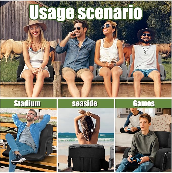 Extra Wide Bleacher Chairs with Back and Cushion Folding Stadium Chairs, Sofa Style Design ，6 Reclining Positions Waterproof Bleacher Seats (2, Black, Wide-26in)