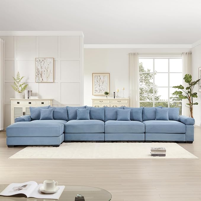 KEIKI 168" L-Shaped Oversized Corduroy Modular Cloud Sectional Sofa with 1 Ottoman, High-Density Foam Cushion, Extra-Thick Armrest, 4-Seater Fluffy Corner Couch with 12 Pillow, for Living Room, Blue